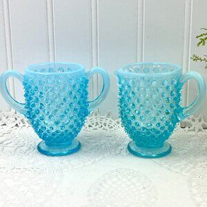 Vintage Blue Opalescent Hobnail Sugar And Creamer Set With Handle